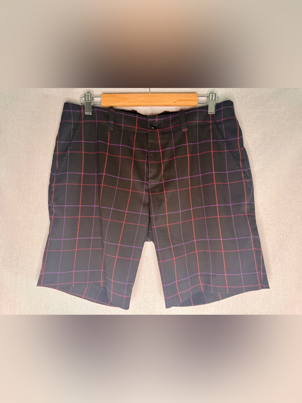 Vintage Men's Black Windowpane Plaid Flat-Front Shorts with Red & Purple Lines